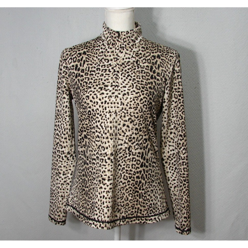 J McLaughlin 1/4 Zip Pullover Top Medium Beige Black Animal Print Stretch Flaw